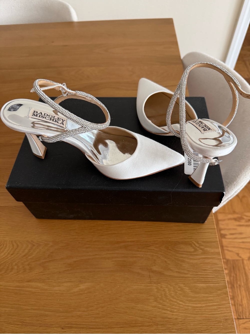 Badgley Mischka Ivory Satin Pointed Toe Slingback Heels with Crystal Straps